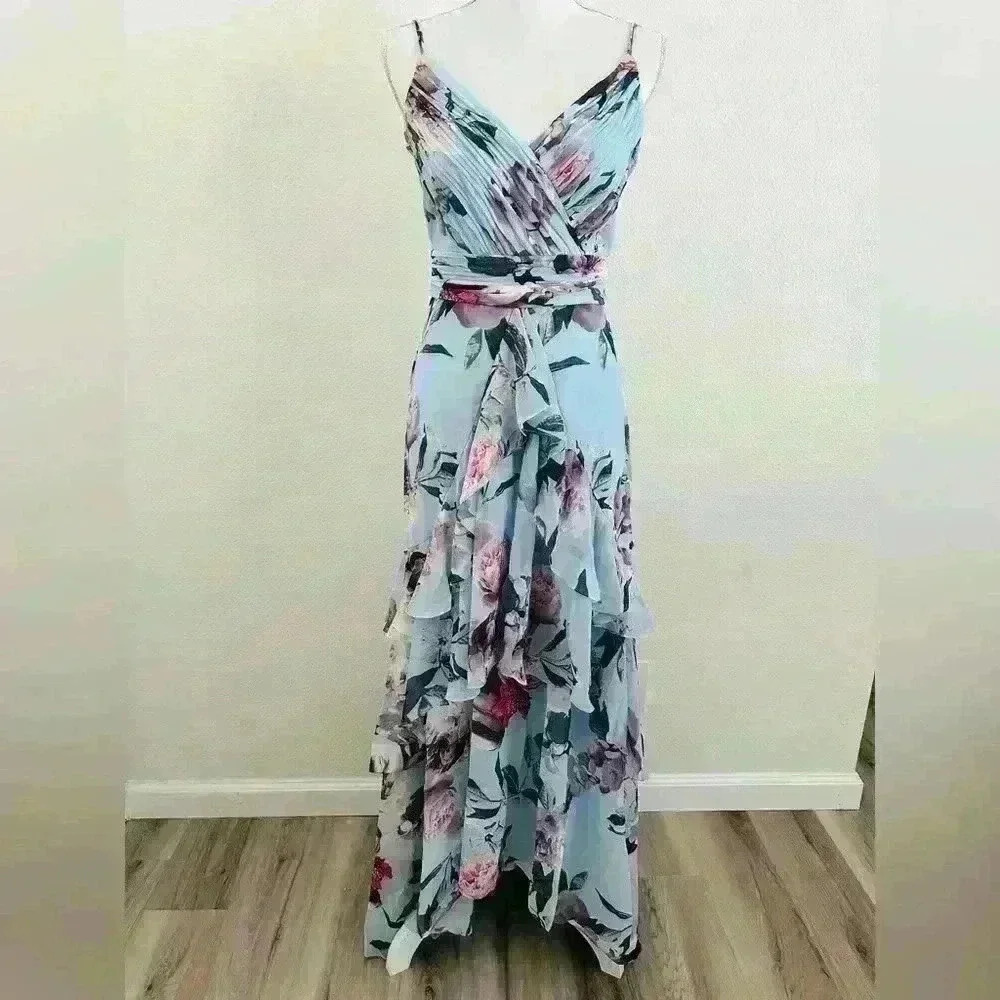 XSCAPE Floral-Print Ruffled High-Low Sleeveless Gown Size 2 - Picture 4 of 14